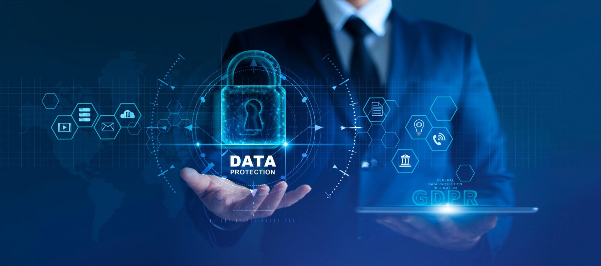 Data protection privacy concept. GDPR. EU. Cyber security network. Business man protecting data personal information on tablet and virtual interface. Padlock icon and internet technology networking connection on digital